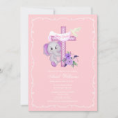 Invitation Élément de bébé rose éléphant avec colombe et bapt (Devant)