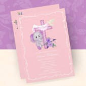 Invitation Élément de bébé rose éléphant avec colombe et bapt