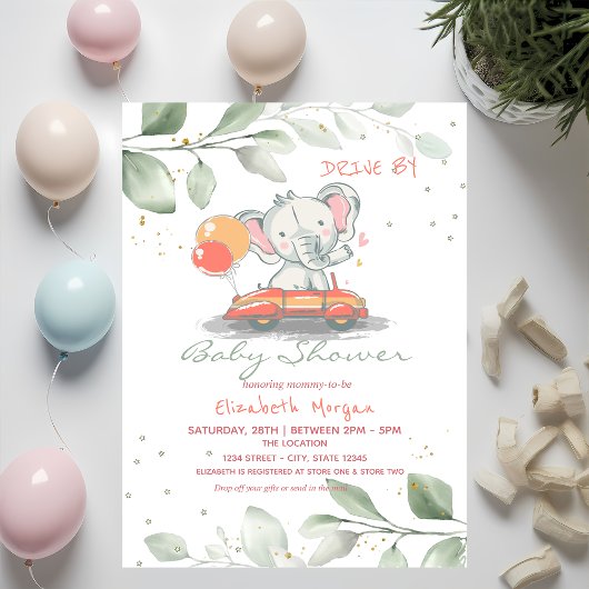 Invitation Élément de douche pour bébé éléphant en voiture fl