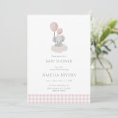 Invitation Élément de douche pour bébé éléphant Gingham rose  (Debout devant)