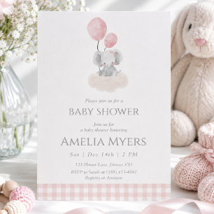 Invitation Élément de douche pour bébé éléphant Gingham rose