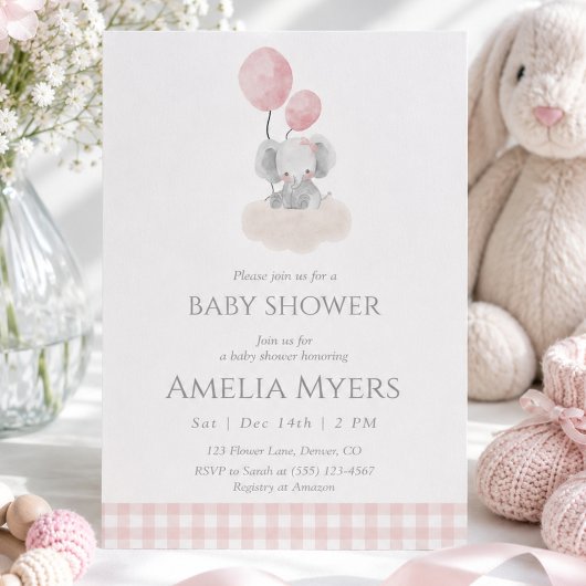 Invitation Élément de douche pour bébé éléphant Gingham rose 