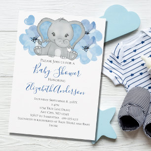 Invitation Élément de fête pour garçon bébé éléphant bleu bal