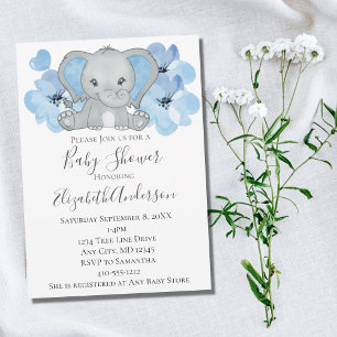 Invitation Élément de fête pour garçon bébé éléphant bleu bal