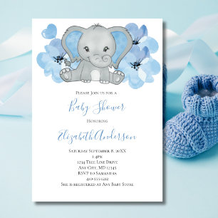 Invitation Élément de fête pour garçon bébé éléphant bleu bal