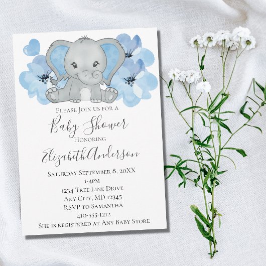 Invitation Élément de fête pour garçon bébé éléphant bleu bal