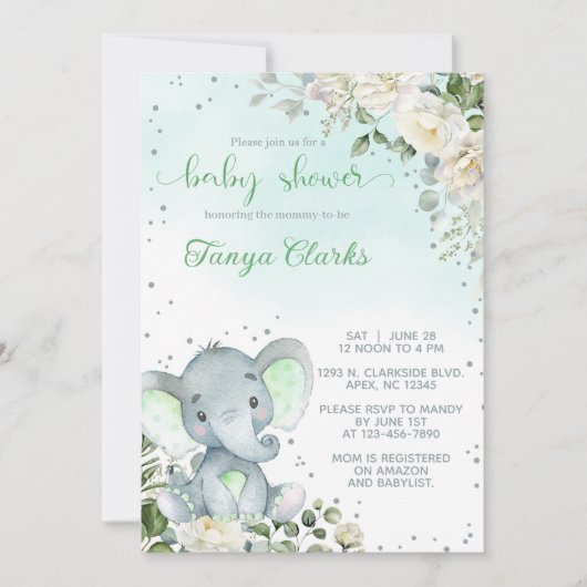 Invitation Élément de fête prénatale pour fille avec éléphant (Devant)