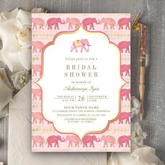 Invitation Élément de mariage indien éléphant rose et or