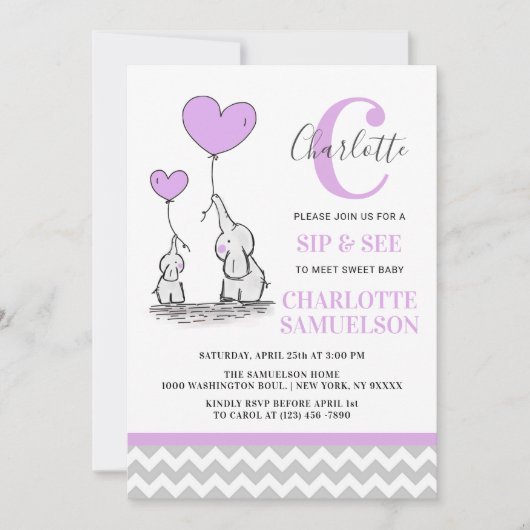 Invitation Élément Moderne Violet Gris Éléphant SIP & SEE Béb (Devant)