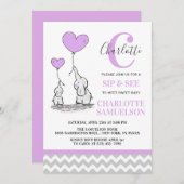 Invitation Élément Moderne Violet Gris Éléphant SIP & SEE Béb (Devant / Derrière)