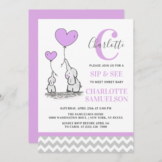 Invitation Élément Moderne Violet Gris Éléphant SIP & SEE Béb (Devant / Derrière)