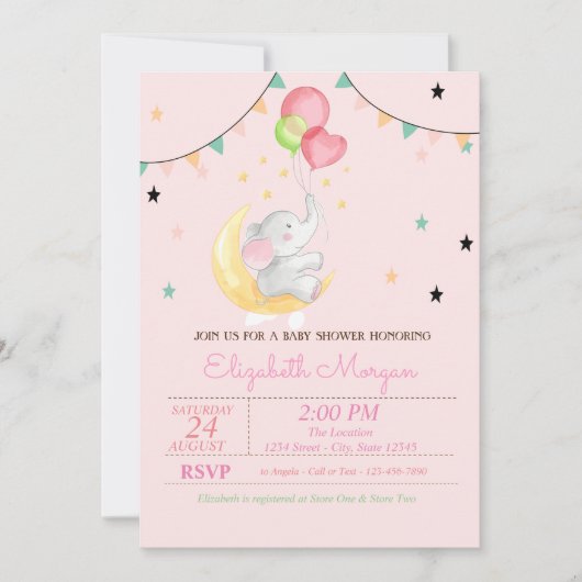 Invitation Élémentaire, Ballons, Lune, Fête de Bébé Étoiles (Devant)