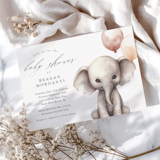 Invitation Élémentaire Éléphant avec Ballons Fête de Naissanc