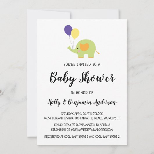 Invitation Élémentaire éléphant de Baby Shower avec Ballons (Devant)