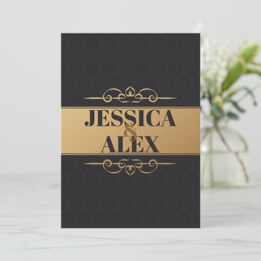 Invitation Éléments de style doré | Motifs noirs élégants  (Debout devant)