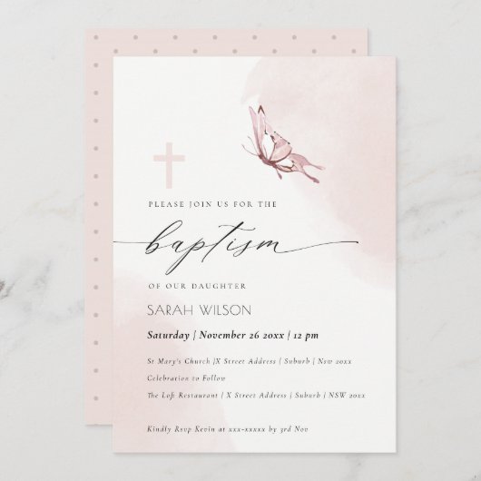 Invitation Elenant Blush Watercolor Baptême papillon (Devant / Derrière)