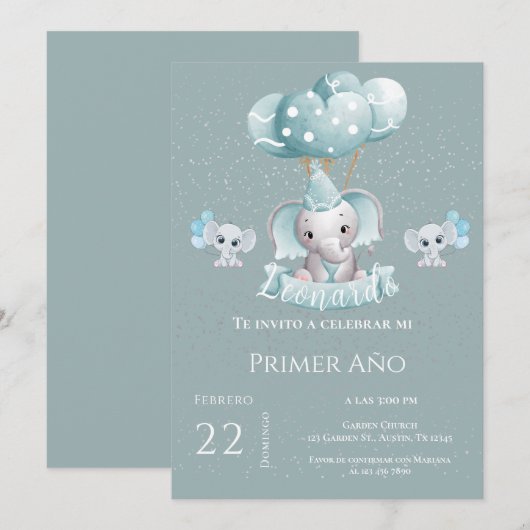 Invitation Elephant 1er anniversaire (Devant / Derrière)