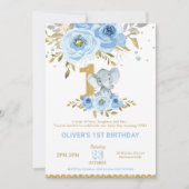 Invitation Elephant 1er anniversaire Blue Floral Boy (Devant)