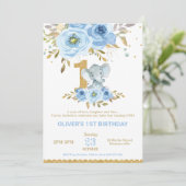 Invitation Elephant 1er anniversaire Blue Floral Boy (Debout devant)