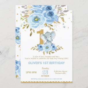 Invitation Eléphant 1er anniversaire Blue Floral Boy