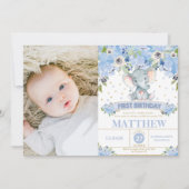Invitation Elephant 1er anniversaire Blue Floral Boy Photo (Devant)