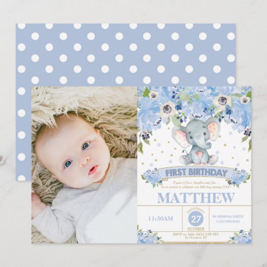 Invitation Elephant 1er anniversaire Blue Floral Boy Photo (Devant / Derrière)