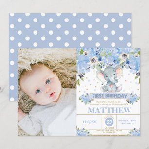Invitation Elephant 1er anniversaire Blue Floral Boy Photo