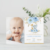 Invitation Elephant 1er anniversaire Blue Floral Boy Photo (Debout devant)