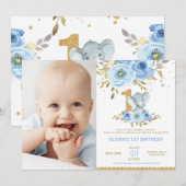 Invitation Elephant 1er anniversaire Blue Floral Boy Photo (Devant / Derrière)
