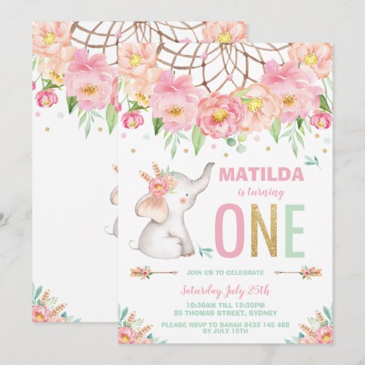 Invitation Eléphant 1er anniversaire Boho rose florale fille (Devant / Derrière)
