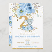 Invitation Eléphant 2e anniversaire Floral bleu Fleurs deux (Devant / Derrière)