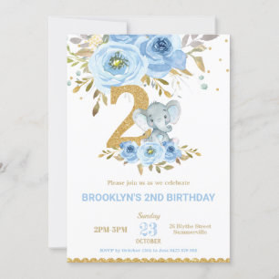 Invitation Eléphant 2e anniversaire Floral bleu Fleurs deux