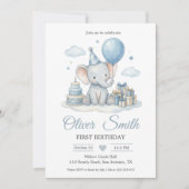 Invitation Éléphant à l'aquarelle bébé bleu premier anniversa (Devant)