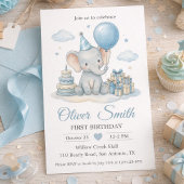 Invitation Éléphant à l'aquarelle bébé bleu premier anniversa