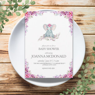 Invitation Eléphant à peluche   Safari Floral Baby Girl Douch