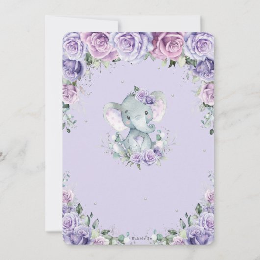Invitation Eléphant adorable à fleurs mauve 1er anniversaire (Dos)