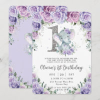 Eléphant adorable à fleurs mauve 1er anniversaire