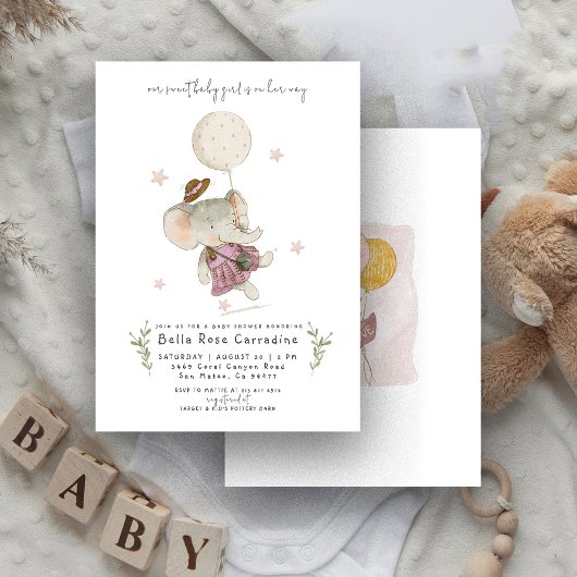 Invitation Éléphant Adorable | Baby Shower Bohème Botanique