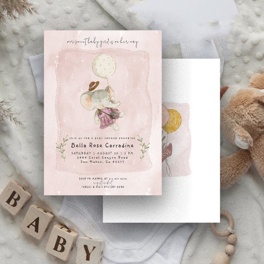 Invitation Eléphant adorable | Baby shower Floral Rustique Bo