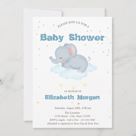 Invitation Eléphant adorable, Nuages, Baby shower des étoiles (Devant)