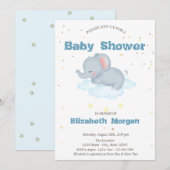 Invitation Eléphant adorable, Nuages, Baby shower des étoiles (Devant / Derrière)
