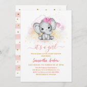 Invitation Eléphant adorable Rose or bébé fille douche (Devant / Derrière)