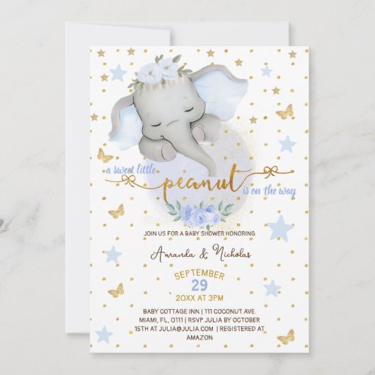 Invitation Eléphant arachide douce Floral Bleu bébé garçon do (Devant)