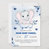 Invitation Éléphant aux Anémones Bleues Aquarelle Sip And See (Devant)