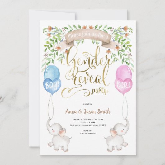 Invitation Elephant avec ballons, Sexe Reveal Party (Devant)