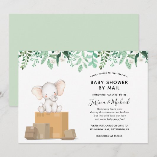 Invitation Elephant avec verdure Baby shower par courrier (Devant / Derrière)
