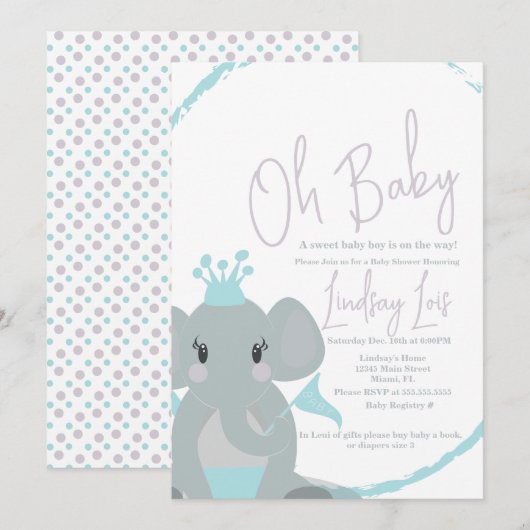 Invitation Eléphant Baby Girl Élégant Baby shower Script (Devant / Derrière)