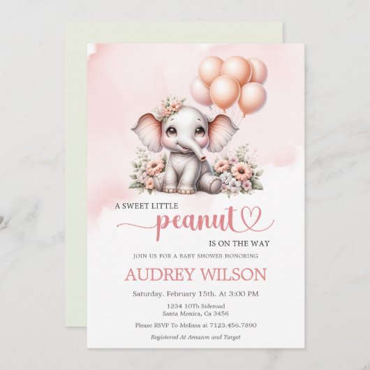 Invitation Eléphant Baby shower doux Petit cacahuète (Devant / Derrière)