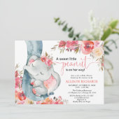 Invitation Eléphant baby shower fille corail floral watercolo (Debout devant)
