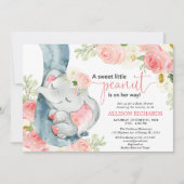 Invitation Elephant baby shower fille crème rose florale (Devant)